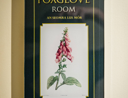 Foxglove Room sign with flower illustration at Fernhill House Hotel.