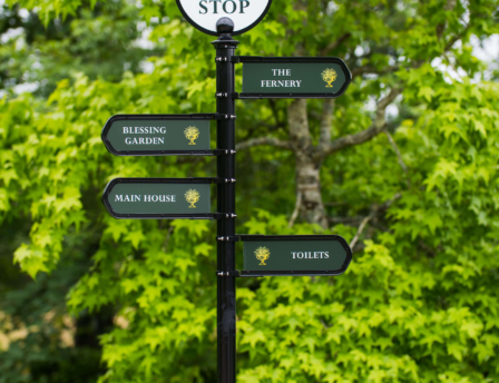 Signpost in scenic Fernhill gardens with directions to main areas.