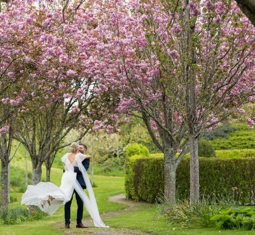 A couple embraces under blooming cherry blossoms at Fernhill House Hotel garden.