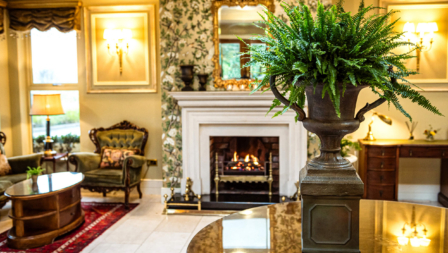 Cosy hotel lounge with fireplace and elegant seating