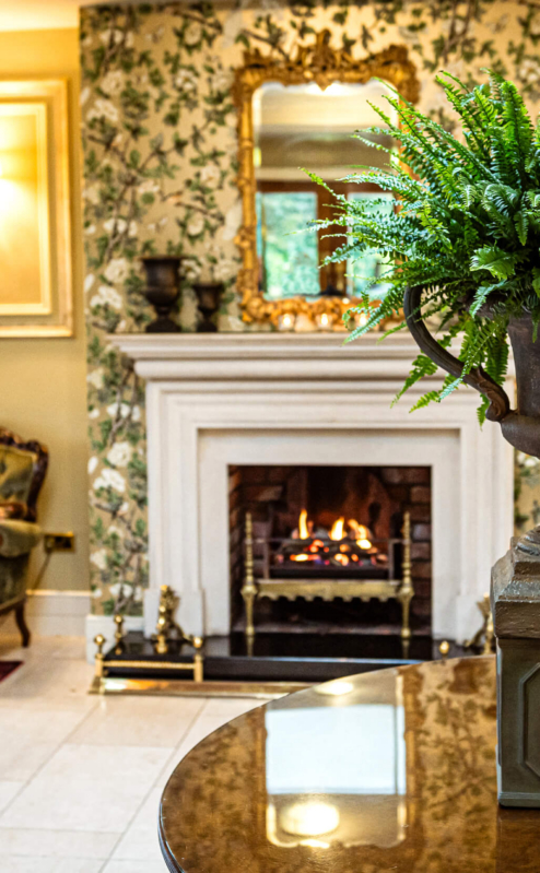 Cosy hotel lounge with fireplace and elegant seating