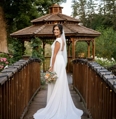 Bride standing on a bridge near a gazebo at Fernhill House Hotel gardens.