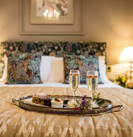 Luxurious hotel room with champagne and desserts on a cosy bed.