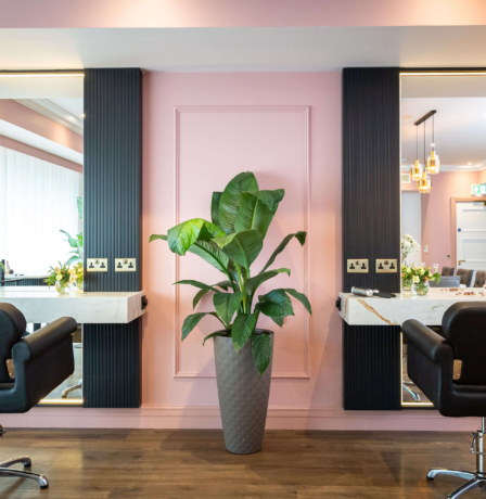Elegant hotel salon with stylish chairs, large potted plant, and soft pink walls.