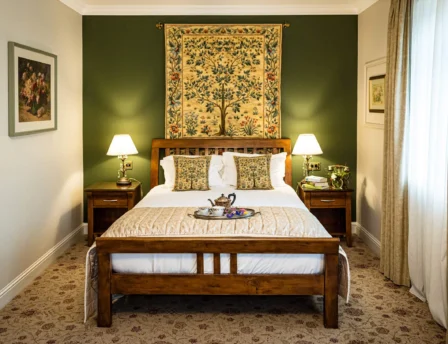 Cosy hotel room with a large bed, elegant decor, and a warm, inviting atmosphere.