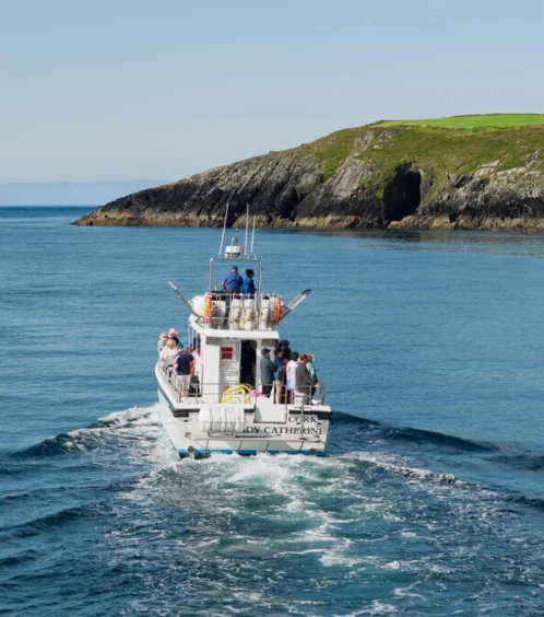 A boat with a family sailing near a rocky coastline under a clear blue sky.