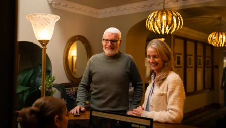 A couple checks in at Fernhill House Hotel's inviting, warmly-lit reception area.