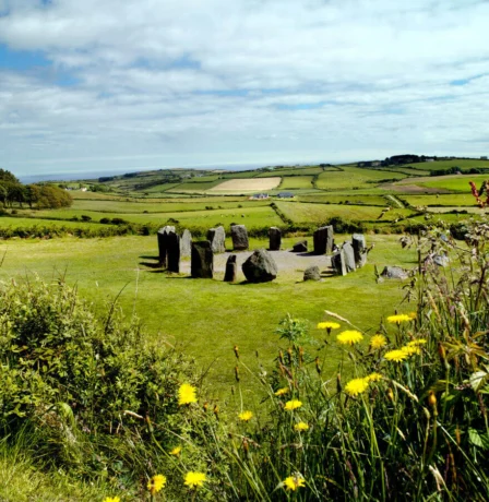 Family exploring lush green countryside near ancient stone circle.