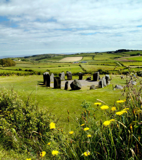 Family exploring a stone circle in lush countryside.