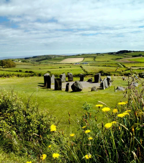 Family exploring lush green countryside near ancient stone circle.