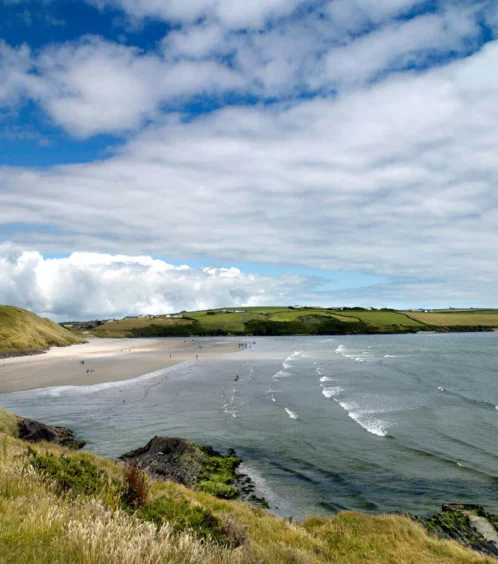 Family enjoying a stroll on a scenic beach with rolling hills under a blue sky.