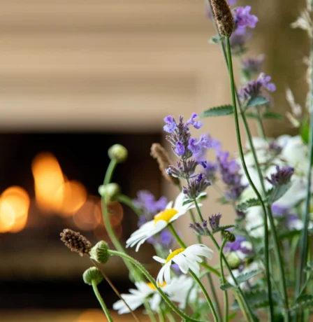Cosy fireplace with vibrant wildflowers at Fernhill House Hotel