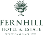 Elegant Fernhill House Hotel sign with a tree emblem and tagline "Exceptional Since 1826".