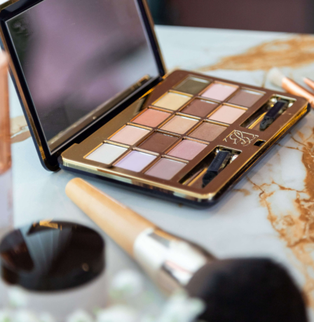 Makeup palette on a marble surface in Fernhill House Hotel.