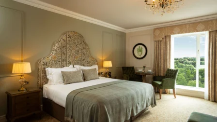 Elegant hotel room with a king-size bed, chandelier, and scenic window view.