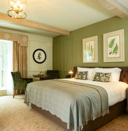 Cosy hotel room with double bed, green accents, and a view of lush garden.