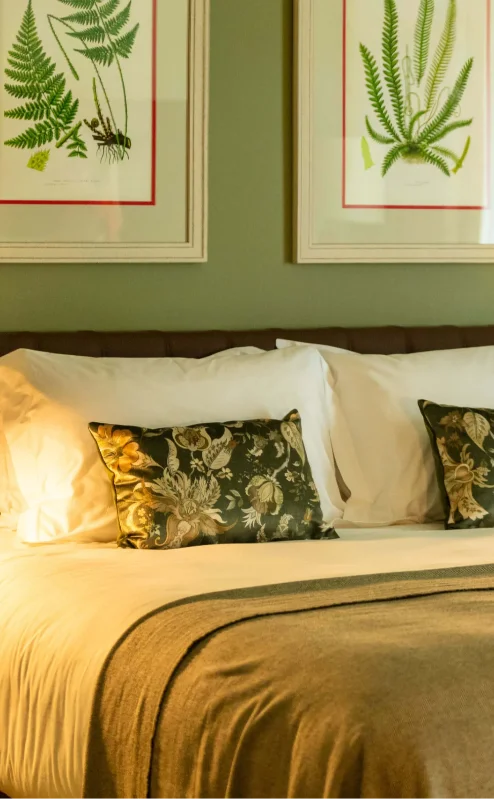 Cosy hotel room with a plush bed, fern artwork, and warm lighting.