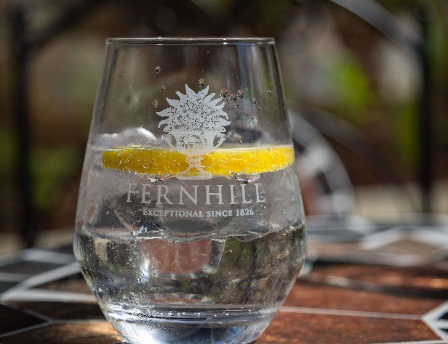 Glass of water with lemon on a mosaic table at Fernhill House Hotel garden terrace.