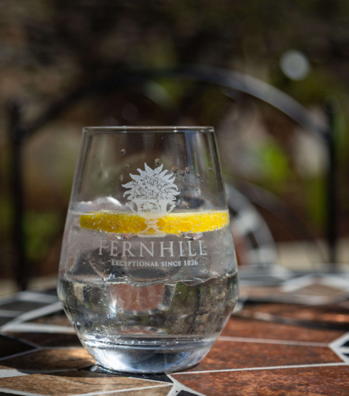 Glass of water with lemon on a mosaic table at Fernhill House Hotel garden terrace.