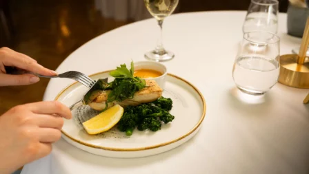 Elegant dining experience with delicious gourmet dish at Fernhill House Hotel.