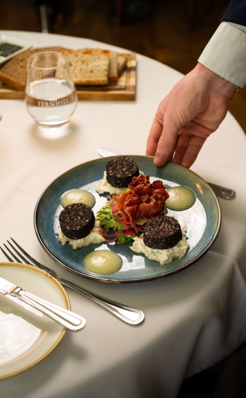 Elegant plated starter with cured meats in a cosy restaurant setting, hand placing dish.
