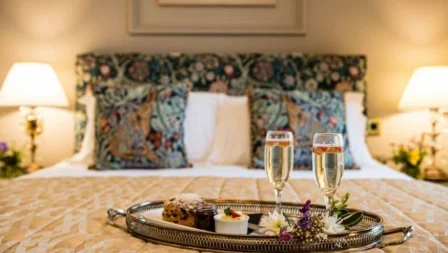 Cosy hotel room with a king bed, floral pillows, and a tray of desserts and champagne.